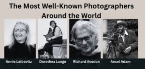 Black-and-white portraits of four iconic photographers: Ansel Adams, Annie Leibovitz, Henri Cartier-Bresson, and Steve McCurry, arranged in a neat grid against a warm brown backdrop. The image features elegant typography with the text 'The Most Well-Known Photographers in History' at the top and their names beneath each portrait. The design highlights the photographers' contributions to the art of photography.